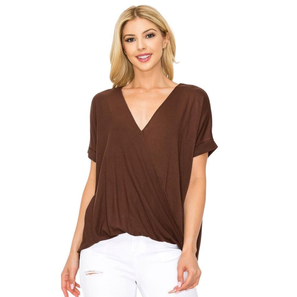 Double Zero Brown Women’s Surplice V Neck Soft Casual Top Small Basic